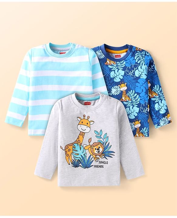 Babyhug Cotton Knit Full Sleeves T-Shirts with Striped & Animal Print Pack  of 3 - Light Blue Grey & Navy