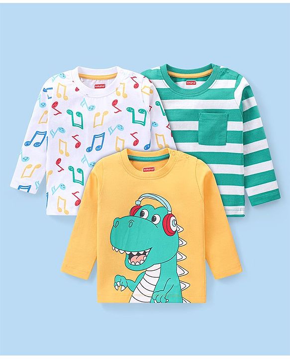 Babyhug Cotton Knit Full Sleeves T-Shirts Dino Print - Yellow & Green