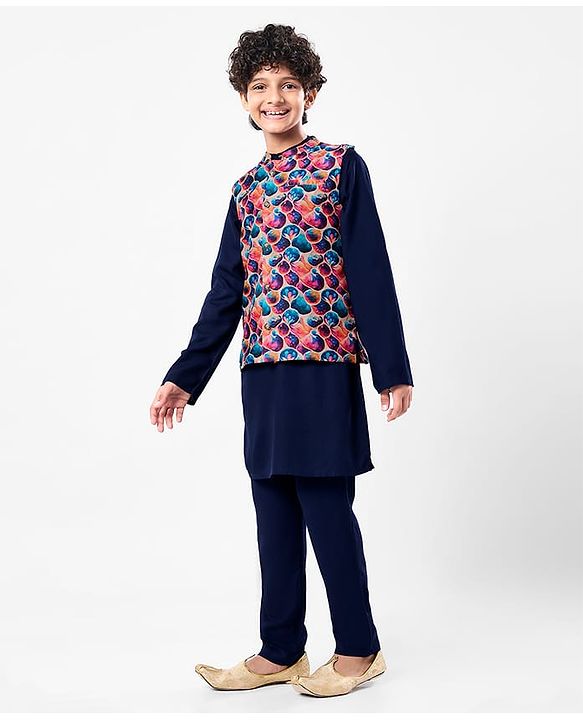Pine Kids Woven Full Sleeves Solid Colour Kurta Pyjama Set with Floral Printed Nehru Jacket - Navy Blue