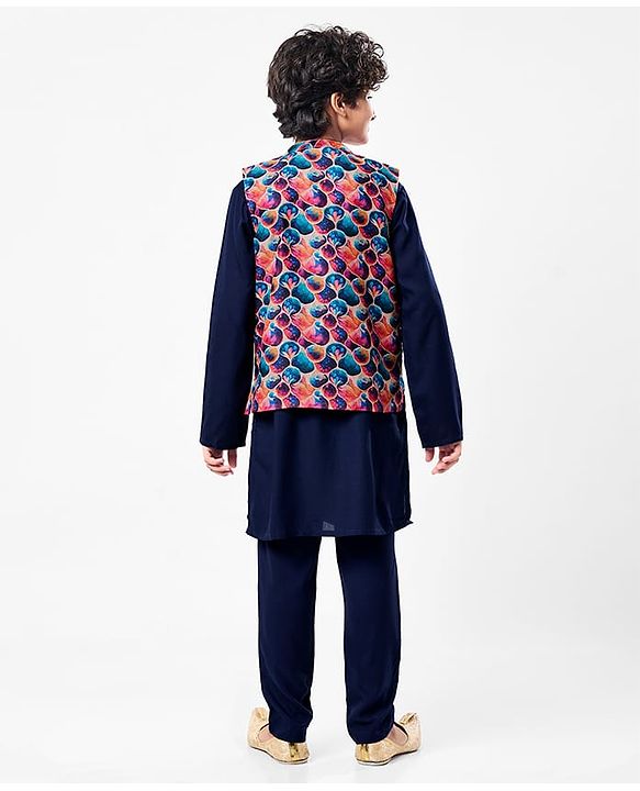 Pine Kids Woven Full Sleeves Solid Colour Kurta Pyjama Set with Floral Printed Nehru Jacket - Navy Blue