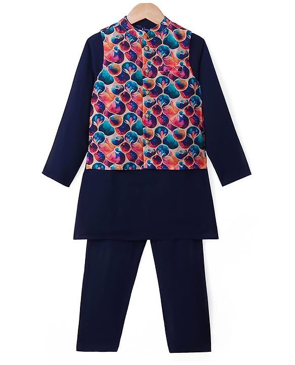 Pine Kids Woven Full Sleeves Solid Colour Kurta Pyjama Set with Floral Printed Nehru Jacket - Navy Blue
