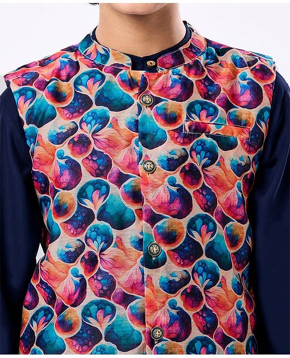 Pine Kids Woven Full Sleeves Solid Colour Kurta Pyjama Set with Floral Printed Nehru Jacket - Navy Blue