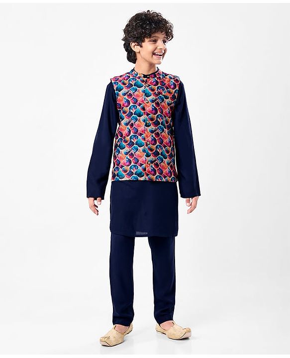 Pine Kids Woven Full Sleeves Solid Colour Kurta Pyjama Set with Floral Printed Nehru Jacket - Navy Blue