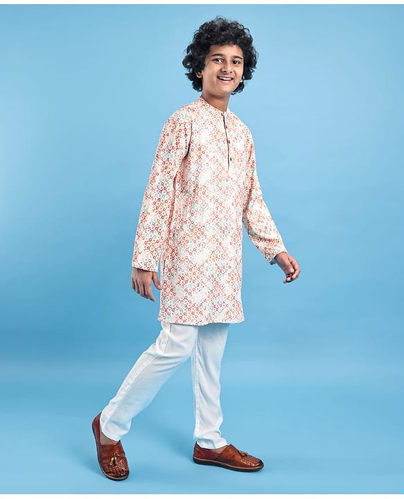 Pine Kids Cotton Woven Full Sleeves Floral Print Kurta Pyjama Set - Pink