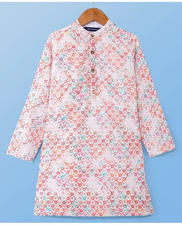Pine Kids Cotton Woven Full Sleeves Floral Print Kurta Pyjama Set - Pink