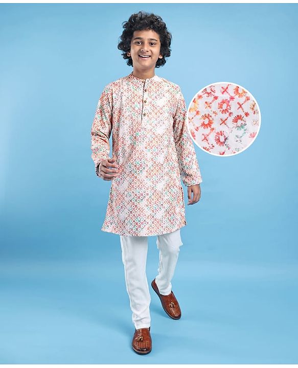 Pine Kids Cotton Woven Full Sleeves Floral Print Kurta Pyjama Set - Pink