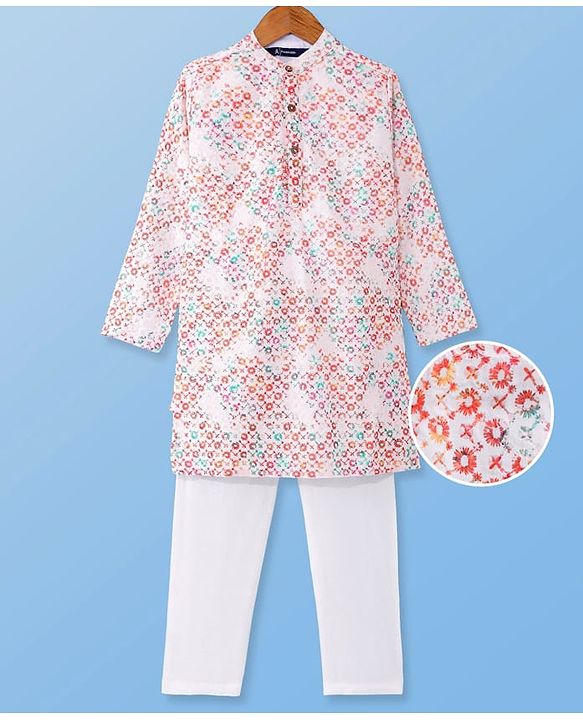 Pine Kids Cotton Woven Full Sleeves Floral Print Kurta Pyjama Set - Pink