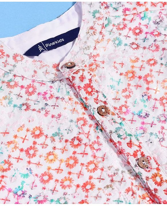 Pine Kids Cotton Woven Full Sleeves Floral Print Kurta Pyjama Set - Pink