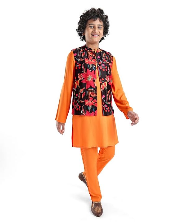 Pine Kids Woven Full Sleeves Solid Colour Kurta Pyjama Set with Floral Print Jacket - Orange