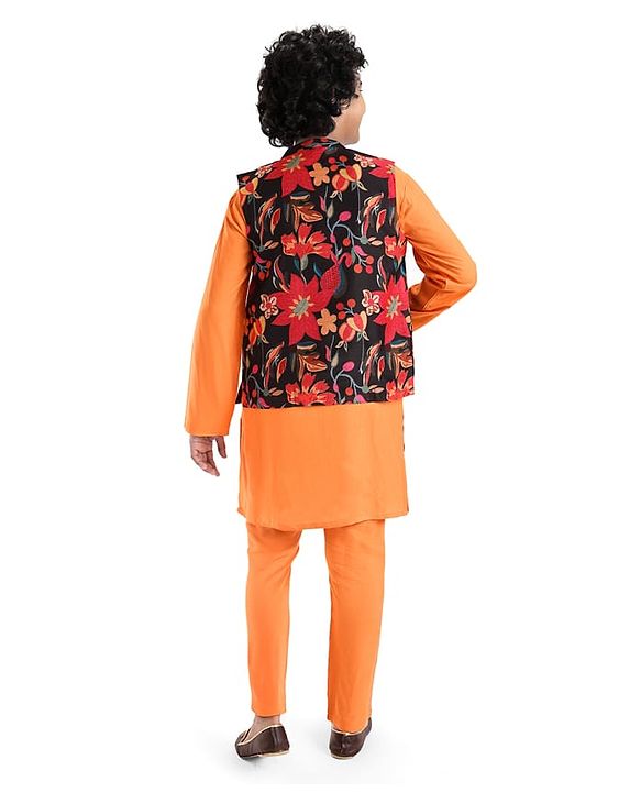 Pine Kids Woven Full Sleeves Solid Colour Kurta Pyjama Set with Floral Print Jacket - Orange