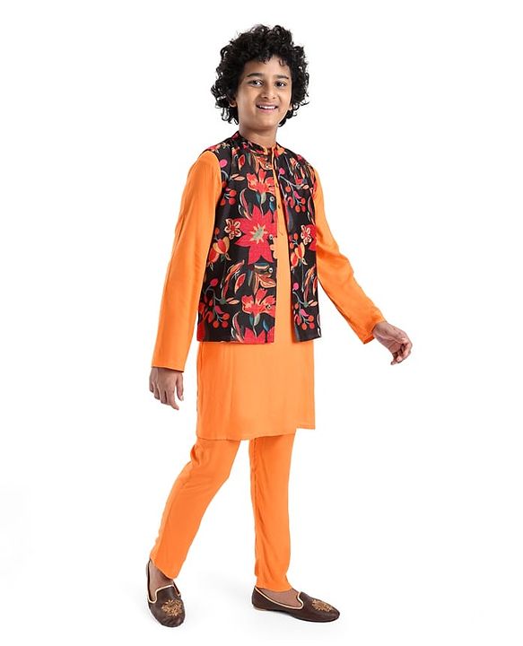 Pine Kids Woven Full Sleeves Solid Colour Kurta Pyjama Set with Floral Print Jacket - Orange