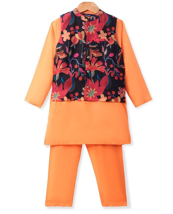 Pine Kids Woven Full Sleeves Solid Colour Kurta Pyjama Set with Floral Print Jacket - Orange