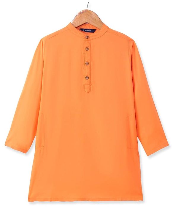 Pine Kids Woven Full Sleeves Solid Colour Kurta Pyjama Set with Floral Print Jacket - Orange