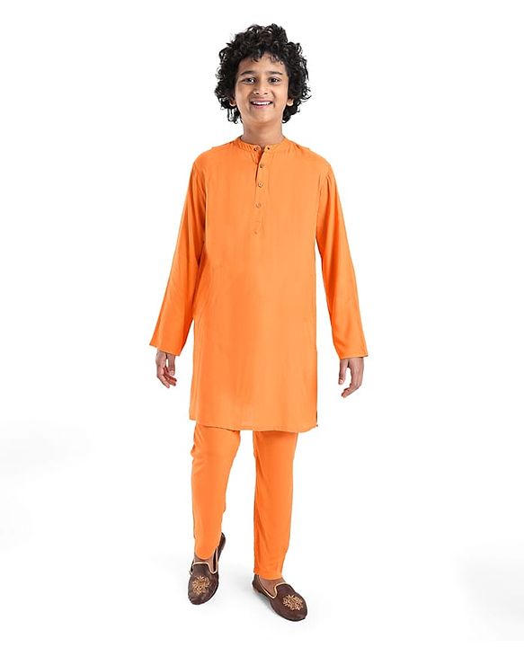 Pine Kids Woven Full Sleeves Solid Colour Kurta Pyjama Set with Floral Print Jacket - Orange