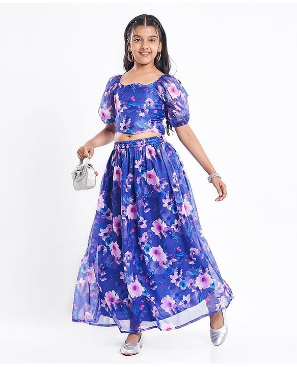 Pine Kids Woven Full Puff Sleeves  Lehenga Choli Set with Pleated Design & Floral Print - Blue