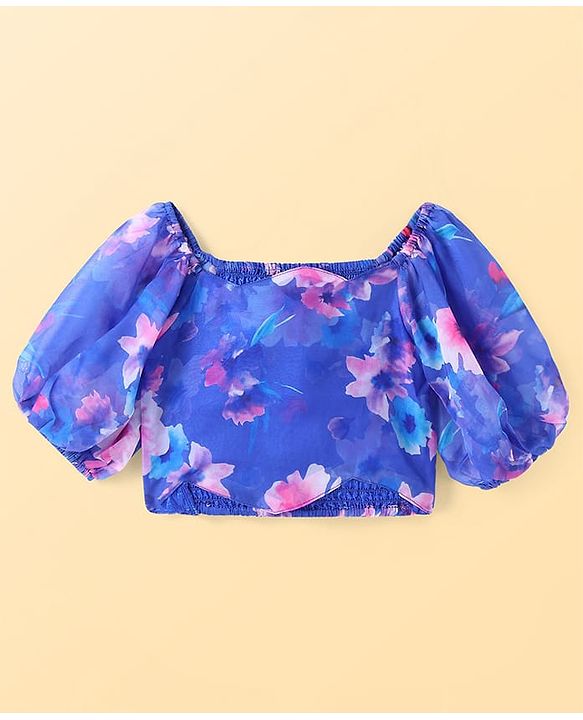 Pine Kids Woven Full Puff Sleeves  Lehenga Choli Set with Pleated Design & Floral Print - Blue