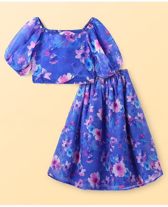 Pine Kids Woven Full Puff Sleeves  Lehenga Choli Set with Pleated Design & Floral Print - Blue