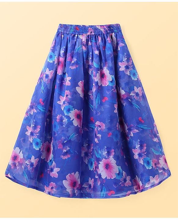 Pine Kids Woven Full Puff Sleeves  Lehenga Choli Set with Pleated Design & Floral Print - Blue