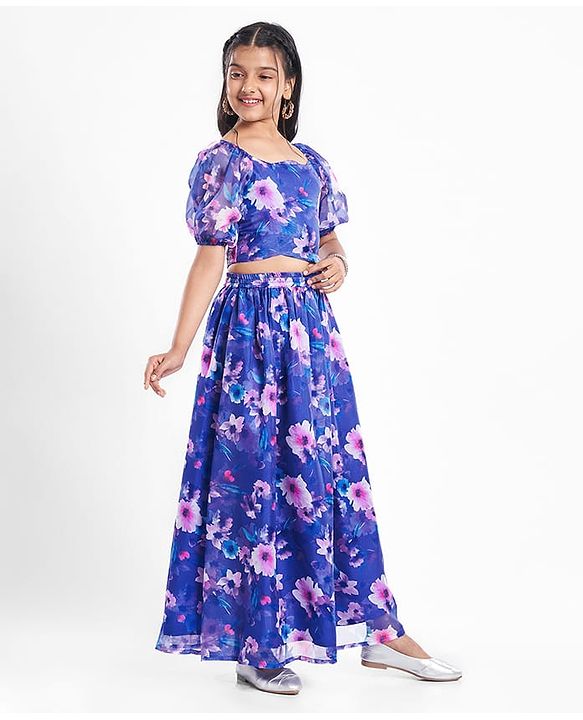 Pine Kids Woven Full Puff Sleeves  Lehenga Choli Set with Pleated Design & Floral Print - Blue