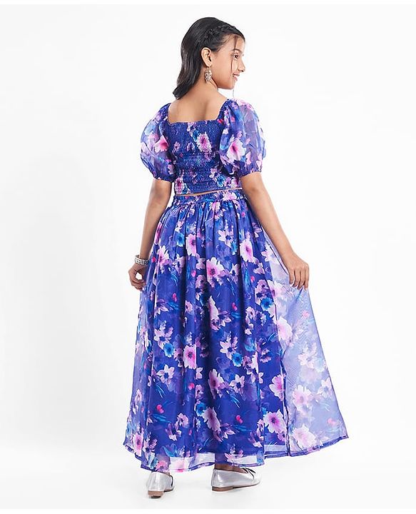Pine Kids Woven Full Puff Sleeves  Lehenga Choli Set with Pleated Design & Floral Print - Blue
