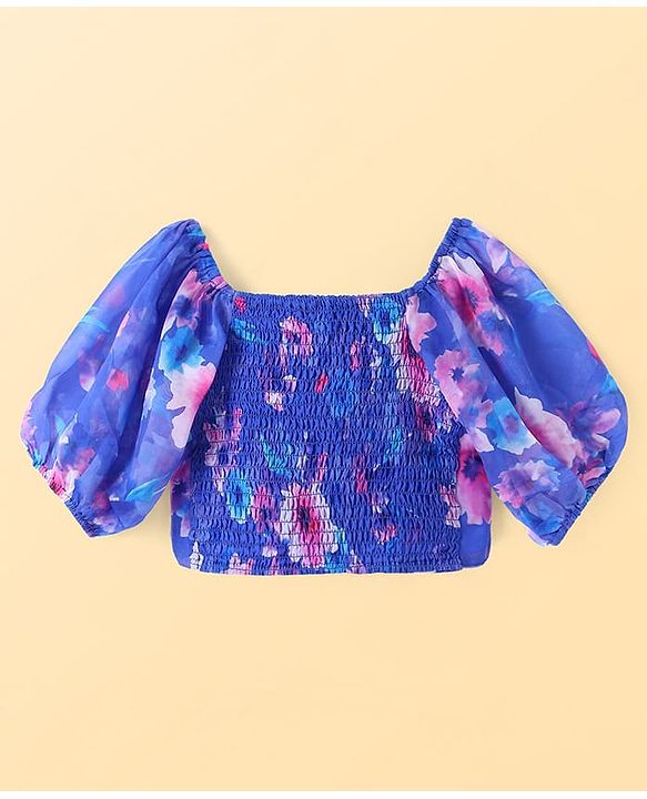 Pine Kids Woven Full Puff Sleeves  Lehenga Choli Set with Pleated Design & Floral Print - Blue