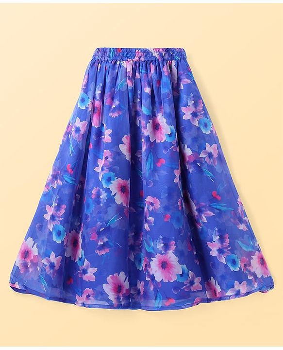 Pine Kids Woven Full Puff Sleeves  Lehenga Choli Set with Pleated Design & Floral Print - Blue