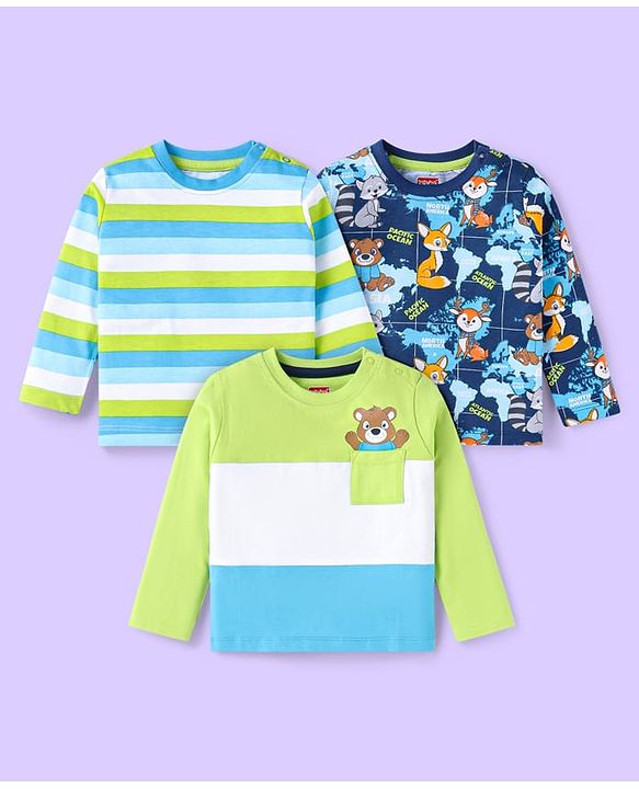 Babyhug Cotton Knit Full Sleeves T-Shirts with Stripes &  Animals  Graphics Pack of 3 - Blue Light Green & White