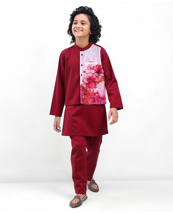 Pine Kids Woven Full Sleeves Solid Color Kurta Pajama Set With Floral Printed Jacket  - Dark Red