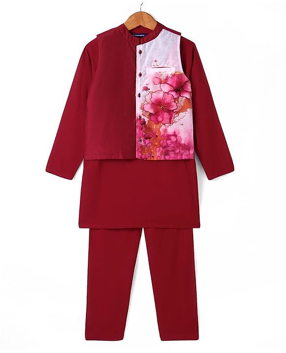 Pine Kids Woven Full Sleeves Solid Color Kurta Pajama Set With Floral Printed Jacket  - Dark Red