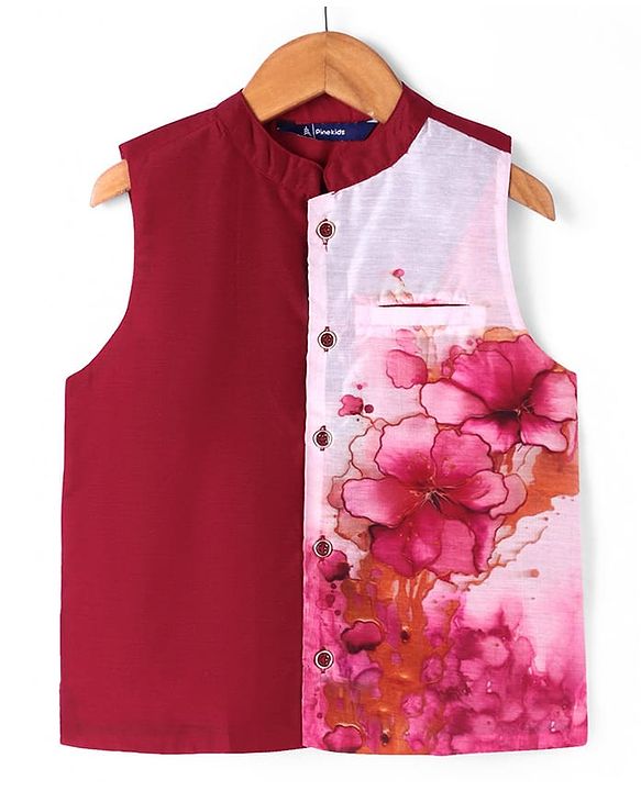 Pine Kids Woven Full Sleeves Solid Color Kurta Pajama Set With Floral Printed Jacket  - Dark Red