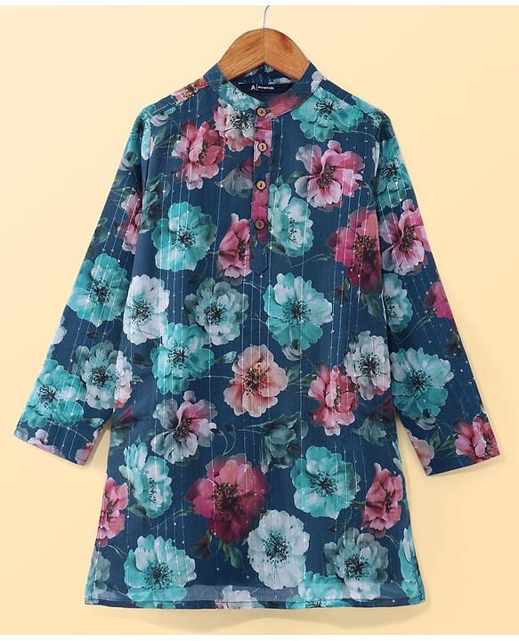 Pine Kids Woven Full Sleeves Kurta Pyjama Set Floral Print - Teal Blue