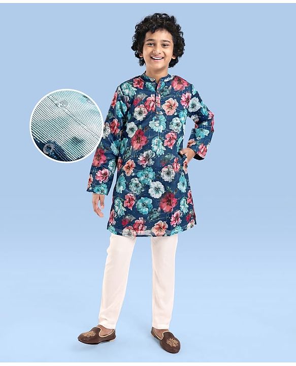 Pine Kids Woven Full Sleeves Kurta Pyjama Set Floral Print - Teal Blue