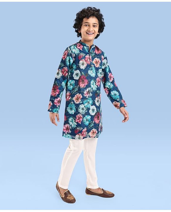 Pine Kids Woven Full Sleeves Kurta Pyjama Set Floral Print - Teal Blue