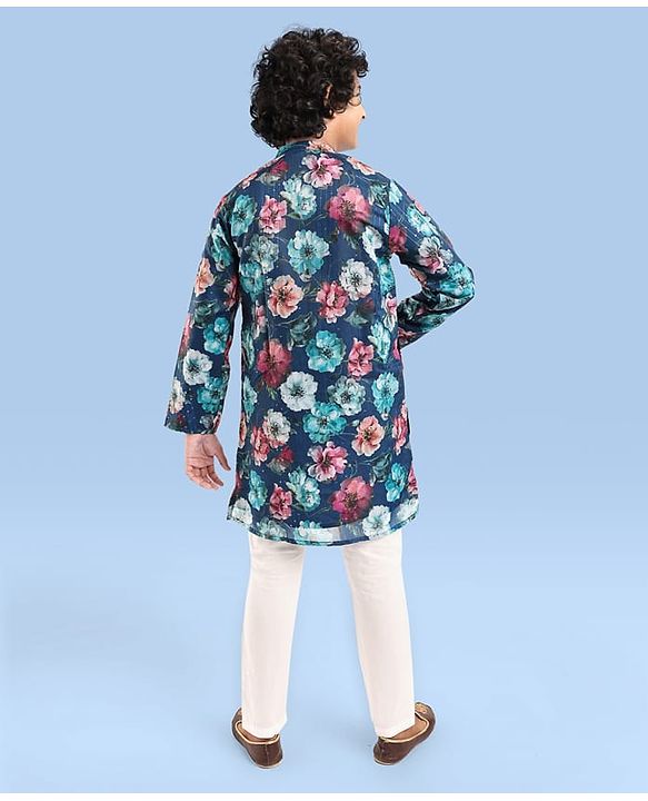 Pine Kids Woven Full Sleeves Kurta Pyjama Set Floral Print - Teal Blue