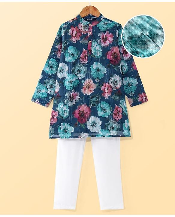 Pine Kids Woven Full Sleeves Kurta Pyjama Set Floral Print - Teal Blue