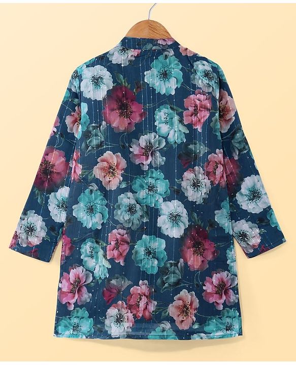 Pine Kids Woven Full Sleeves Kurta Pyjama Set Floral Print - Teal Blue