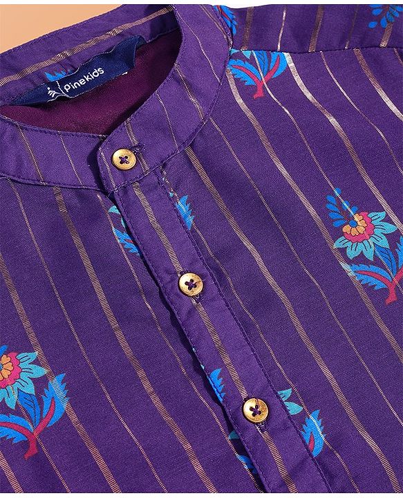 Pine Kids Cotton Woven Full Sleeves Floral Print & Striped Kurta Pyjama Set - Violet