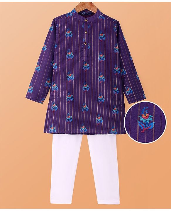 Pine Kids Cotton Woven Full Sleeves Floral Print & Striped Kurta Pyjama Set - Violet