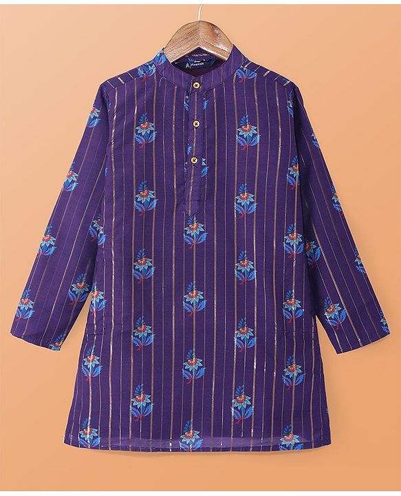 Pine Kids Cotton Woven Full Sleeves Floral Print & Striped Kurta Pyjama Set - Violet