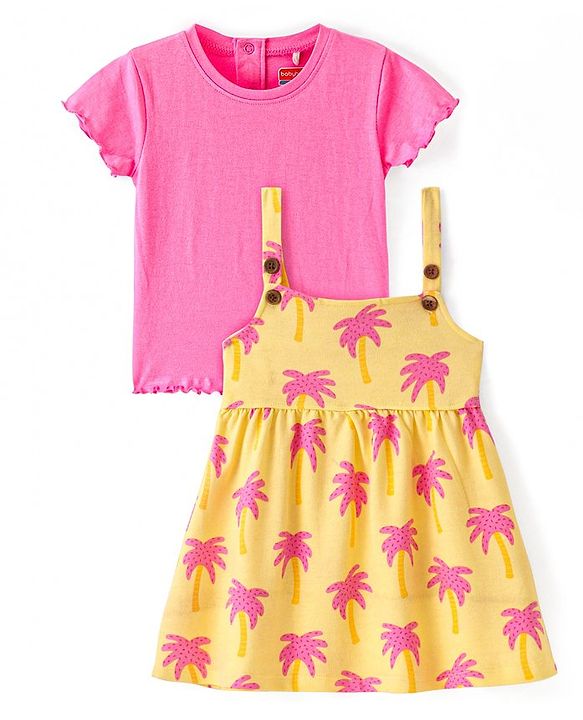 Babyhug Cotton Knit Printed Frock With Half Sleeves Solid Coloured Inner Tee - Yellow & Pink