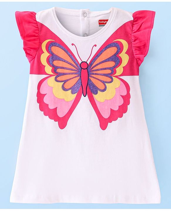 Babyhug Single Jersey Frill Sleeve Frock with Butterfly Print - White & Pink