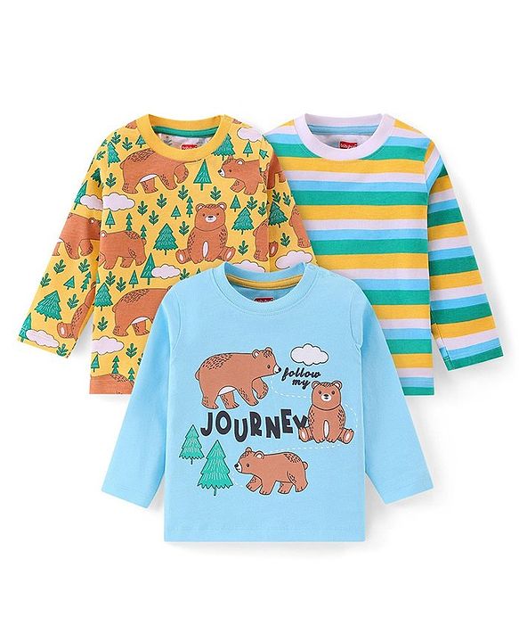 Babyhug Cotton Knit Full Sleeves T-Shirts with Striped & Bear Print Pack of 3 - Light Blue  & Yellow