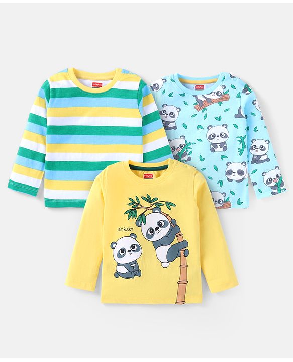 Babyhug Cotton Knit Full Sleeves Striped & Panda Printed T-Shirts Pack of 3 - Green Yellow & Blue