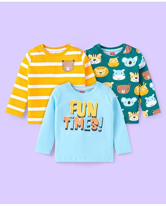 Babyhug Cotton Knit Full Sleeves T-Shirts with Stripes & Wild Animals  Graphics Pack of 3 - Blue Yellow & Orange