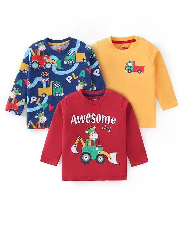 Babyhug Cotton Knit Full Sleeves T-Shirts With Giraffe & Construction Vehicles Print Pack Of 3 - Multicolor