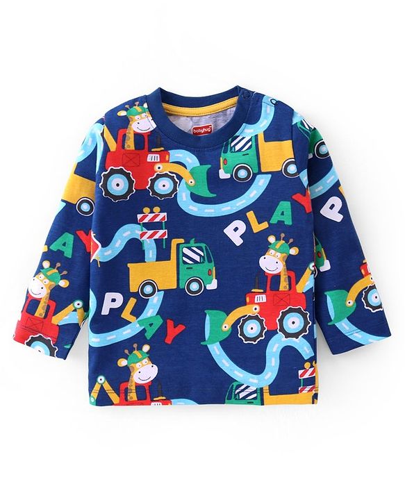 Babyhug Cotton Knit Full Sleeves T-Shirts With Giraffe & Construction Vehicles Print Pack Of 3 - Multicolor