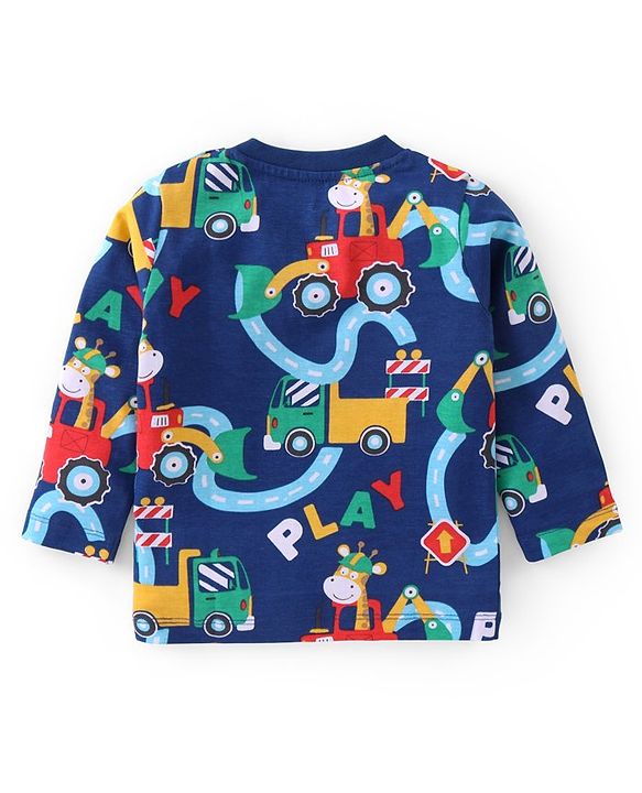 Babyhug Cotton Knit Full Sleeves T-Shirts With Giraffe & Construction Vehicles Print Pack Of 3 - Multicolor