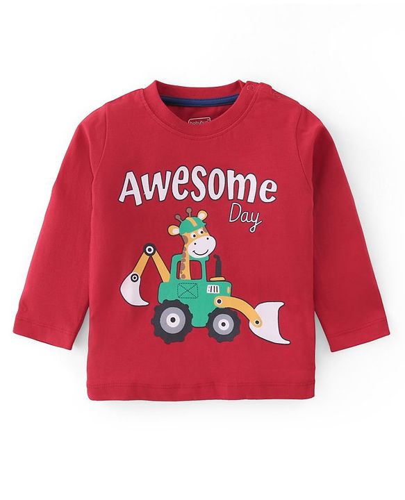 Babyhug Cotton Knit Full Sleeves T-Shirts With Giraffe & Construction Vehicles Print Pack Of 3 - Multicolor