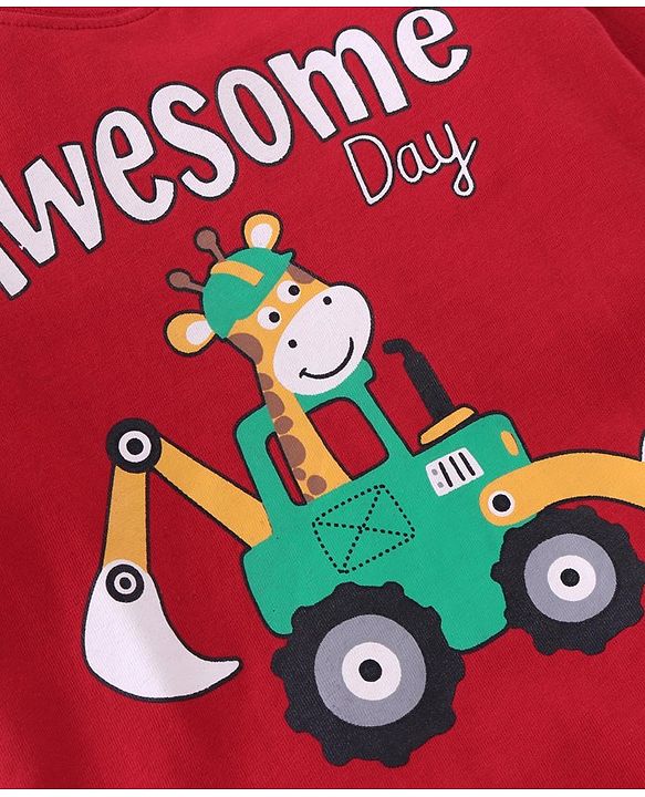 Babyhug Cotton Knit Full Sleeves T-Shirts With Giraffe & Construction Vehicles Print Pack Of 3 - Multicolor