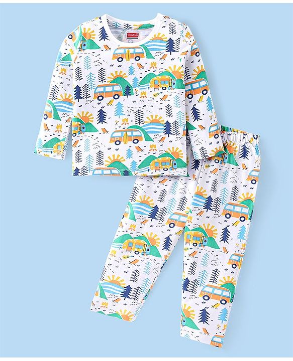 Babyhug Cotton Knit Full Sleeves Night Suit With Vehicle Print - White